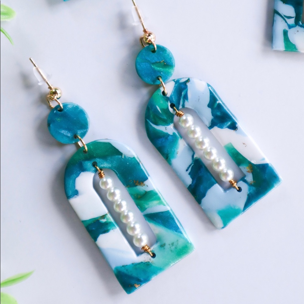Handmade Polymer Clay Earrings Blue Pearls